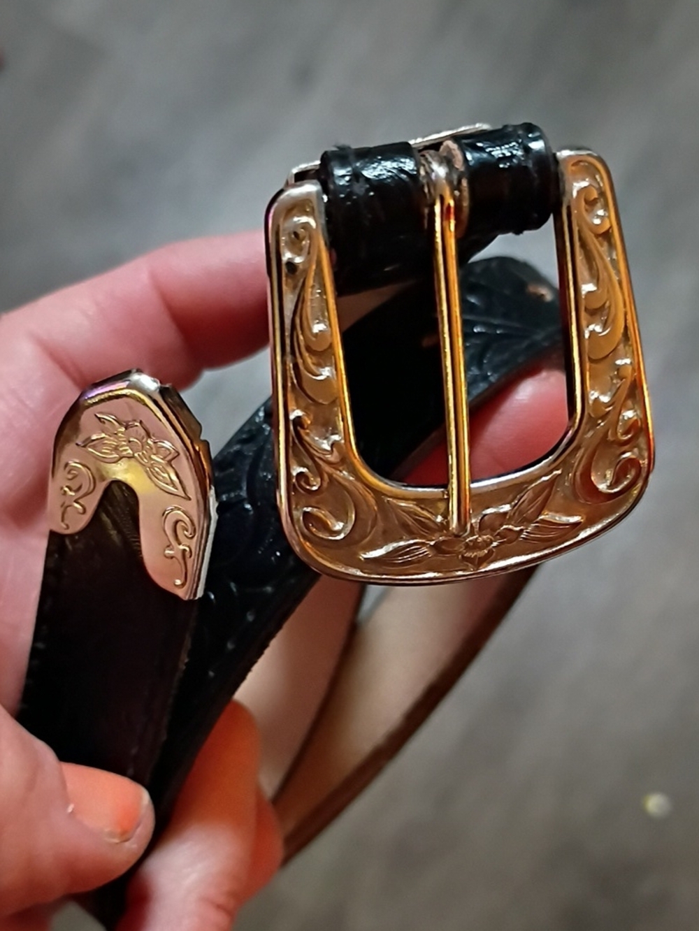 Black Leather Western-Style Belt with Engraved Silver Buckle